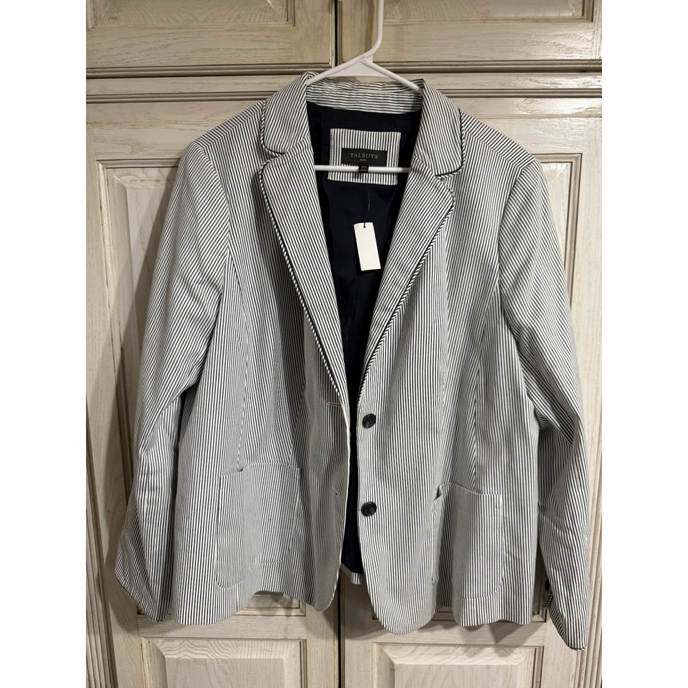 New Talbots Blazer Womens Sz 16W Navy Striped Lined Jacket Stretch Office